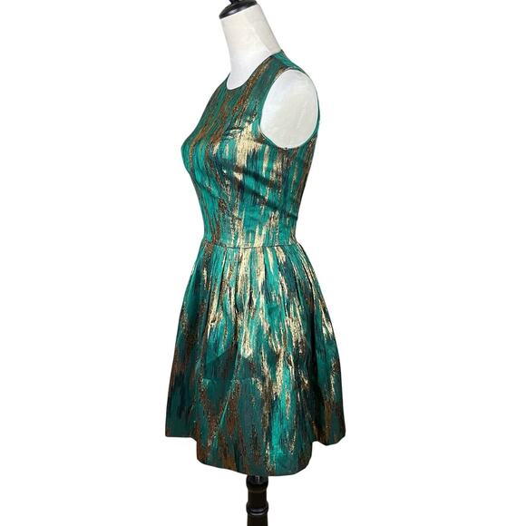 Michael Kors Emerald Green & Metallic Gold Sleeveless Fit & Flare Cocktail Dress - Picture 2 of 11